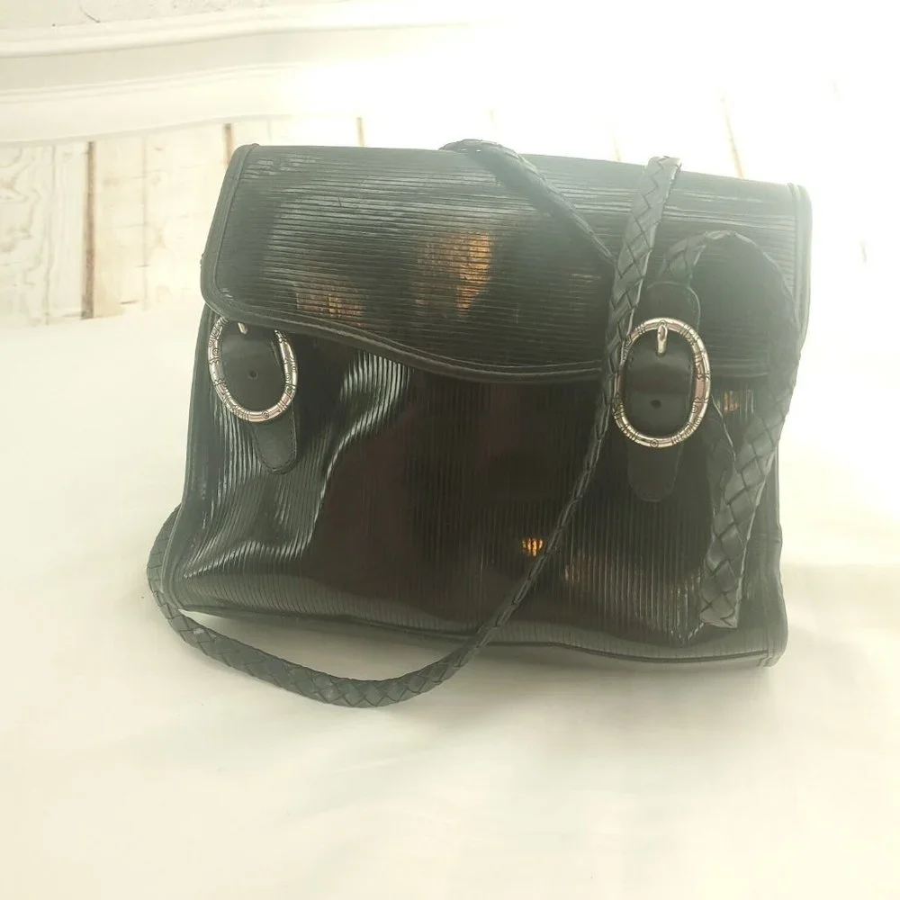 Brighton Womens Black Striped Leather Flap Front Braided Straps Satchel Bag